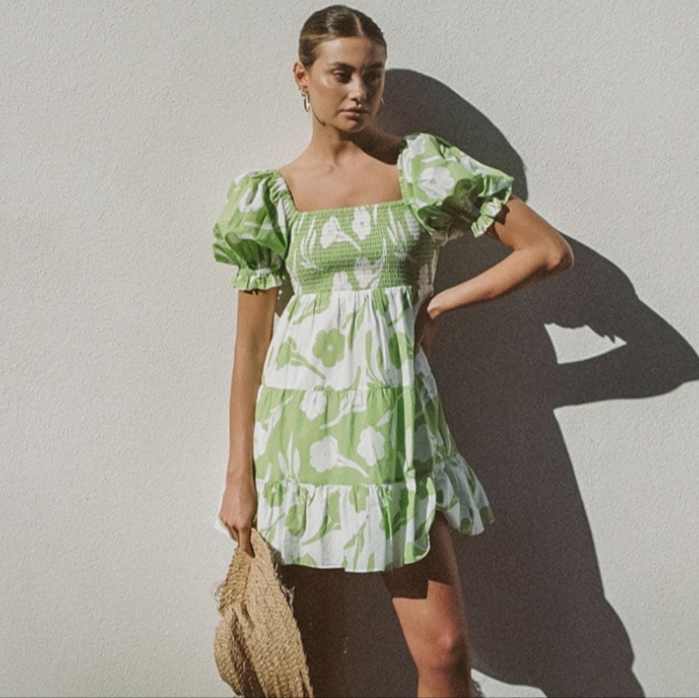 SABO Xyla Mini Dress Cotton Tiers Smocked Puff Sleeve Babydoll Lined Green White